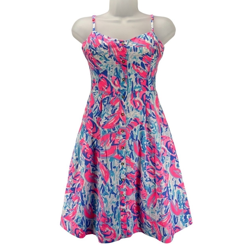 Lilly Pulitzer Fit and Flare Dress Womens 0 Cotton Abstract Print Vacation Party